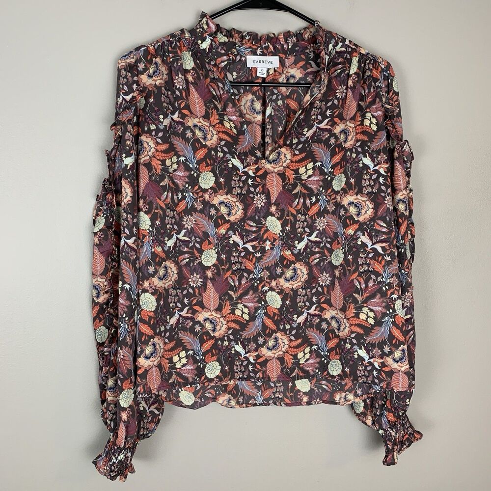 Evereve Blouse Womens XS Extra Small Floral Long Sleeve Ruffle Boho Top Shirt